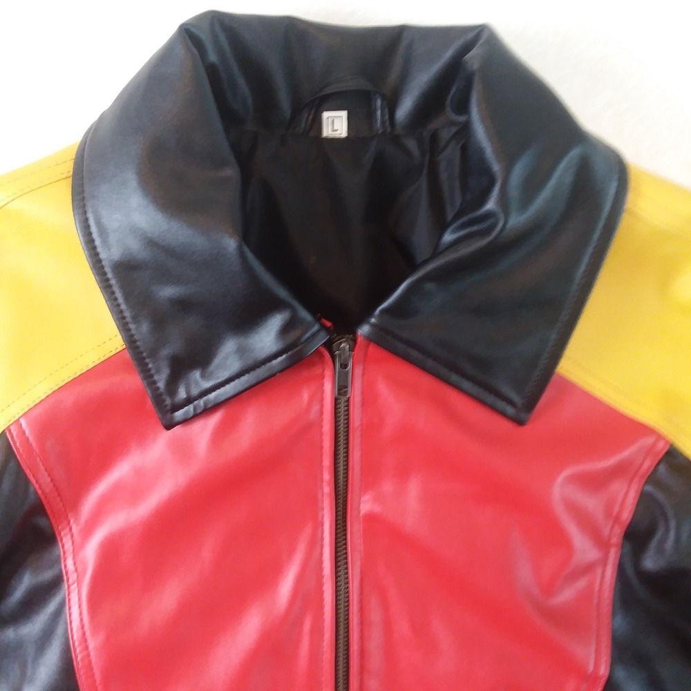 8 Ball Jacket Mens Retro Style Bomber Full Zip Red Yellow Black Faux Leather Lg - Picture 11 of 16